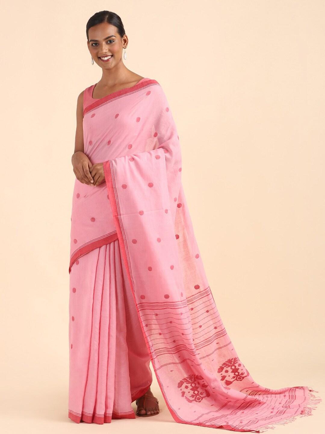 taneira pink & red pure cotton jamdani saree