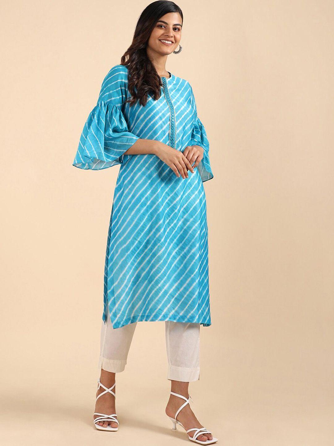 taneira women silk cotton leheriya printed bell sleeves kurta
