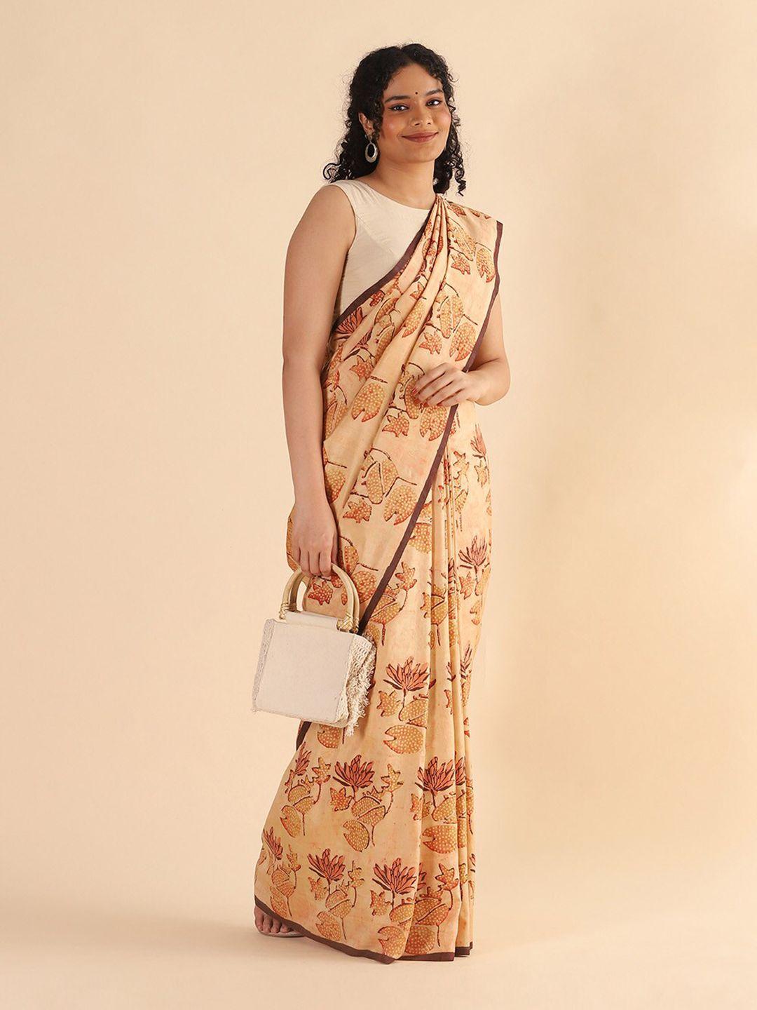 taneira women yellow & brown ajrakh printed saree