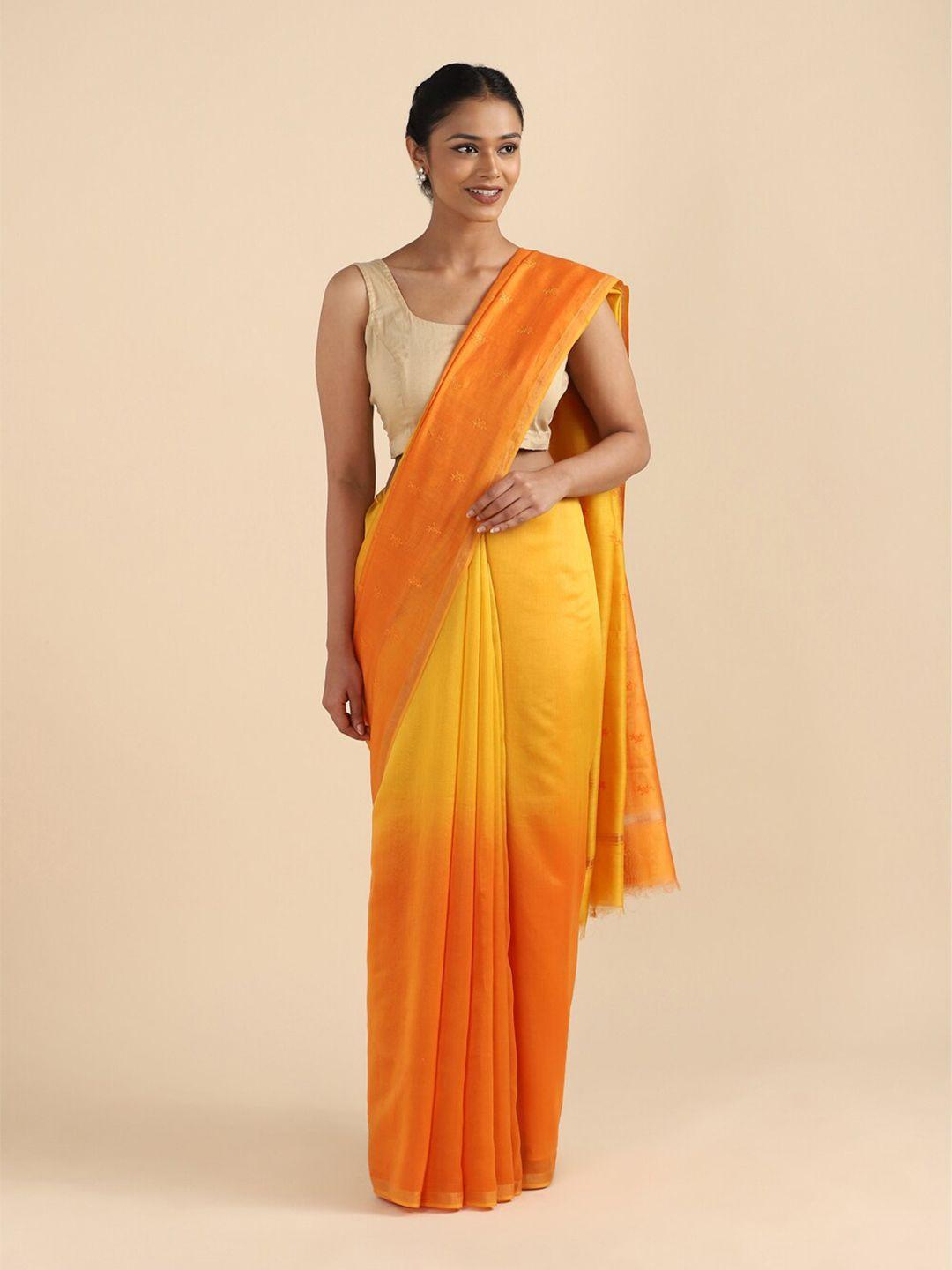 taneira yellow & orange paisley zari silk cotton saree
