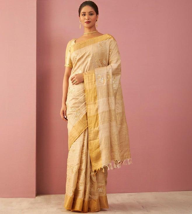 taneira beige pure tussar silk embroidered saree