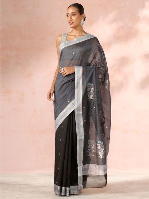 taneira black cotton silk woven saree with unstitched blouse