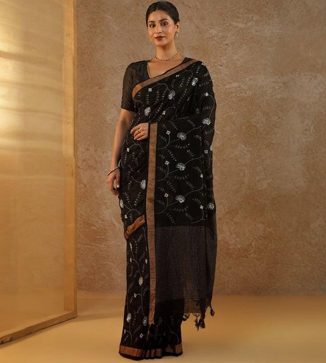 taneira black pure silk linen embroidery bhagalpur saree