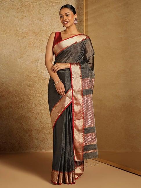 taneira black silk woven saree with unstitched blouse piece