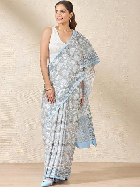 taneira blue & white cotton printed saree with unstitched blouse