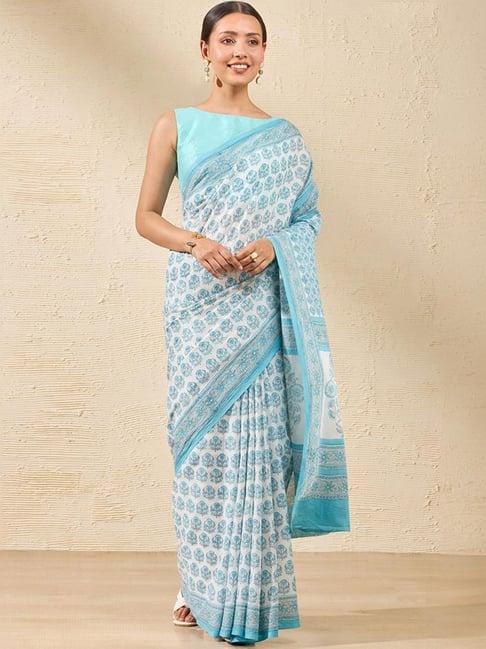 taneira blue cotton printed saree with unstitched blouse