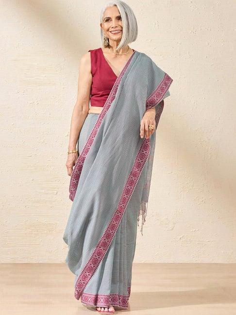 taneira blue cotton woven saree with unstitched blouse