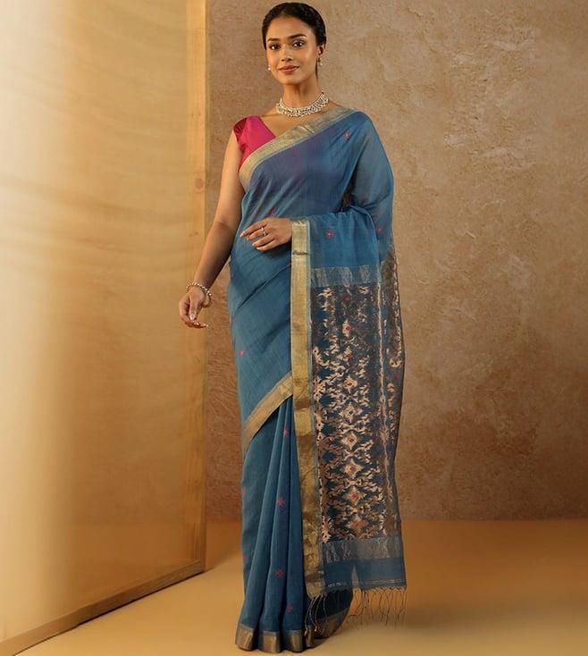 taneira blue woven pure silk cotton bengal saree