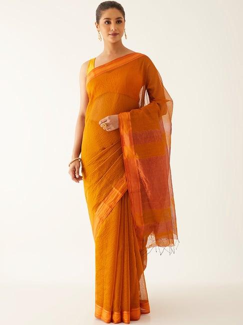 taneira dark yellow woven maheshwari saree with unstitched blouse