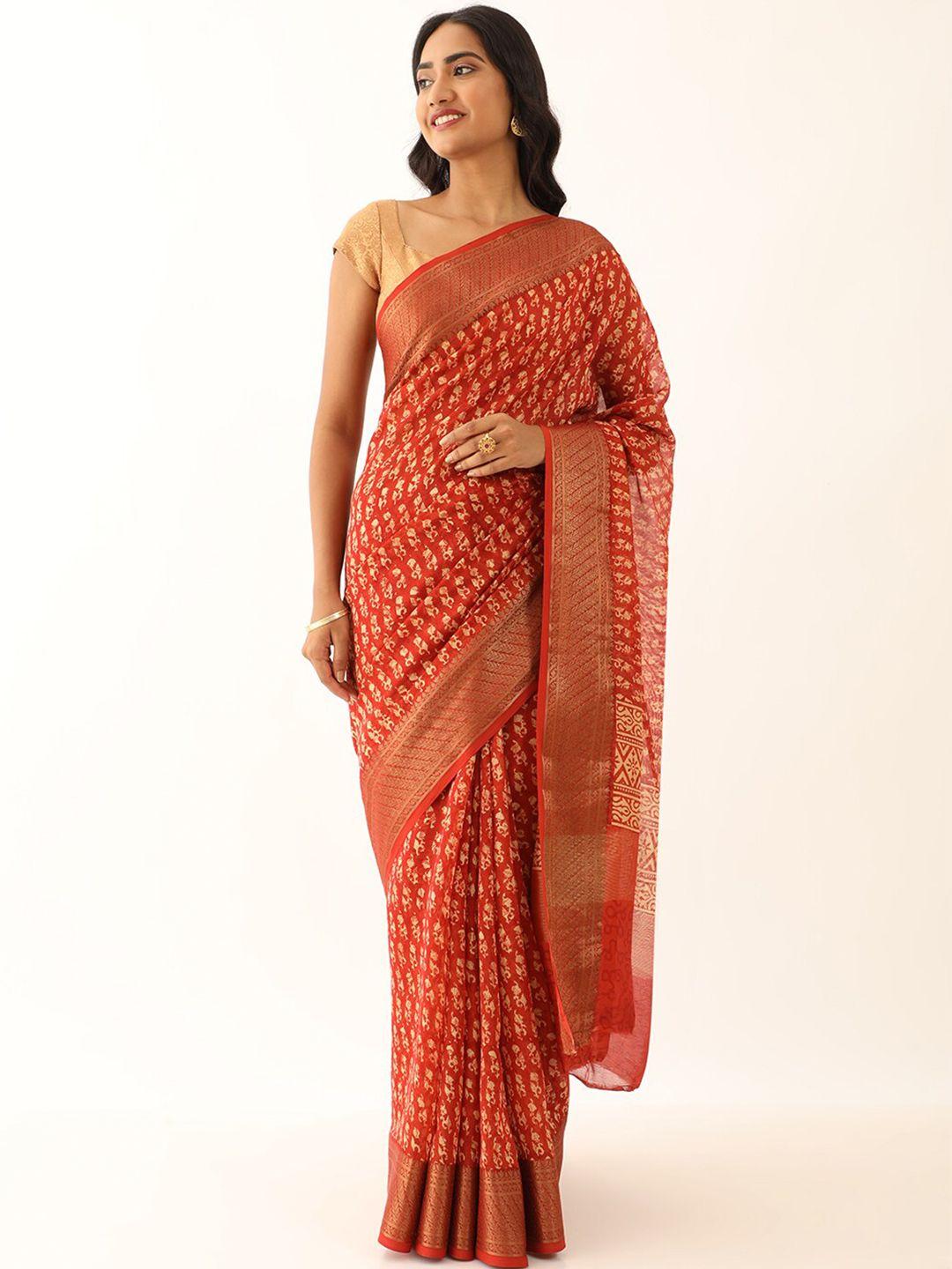 taneira ethnic motifs printed zari silk cotton saree