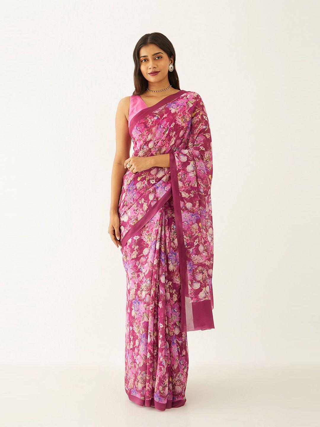 taneira floral block printed saree