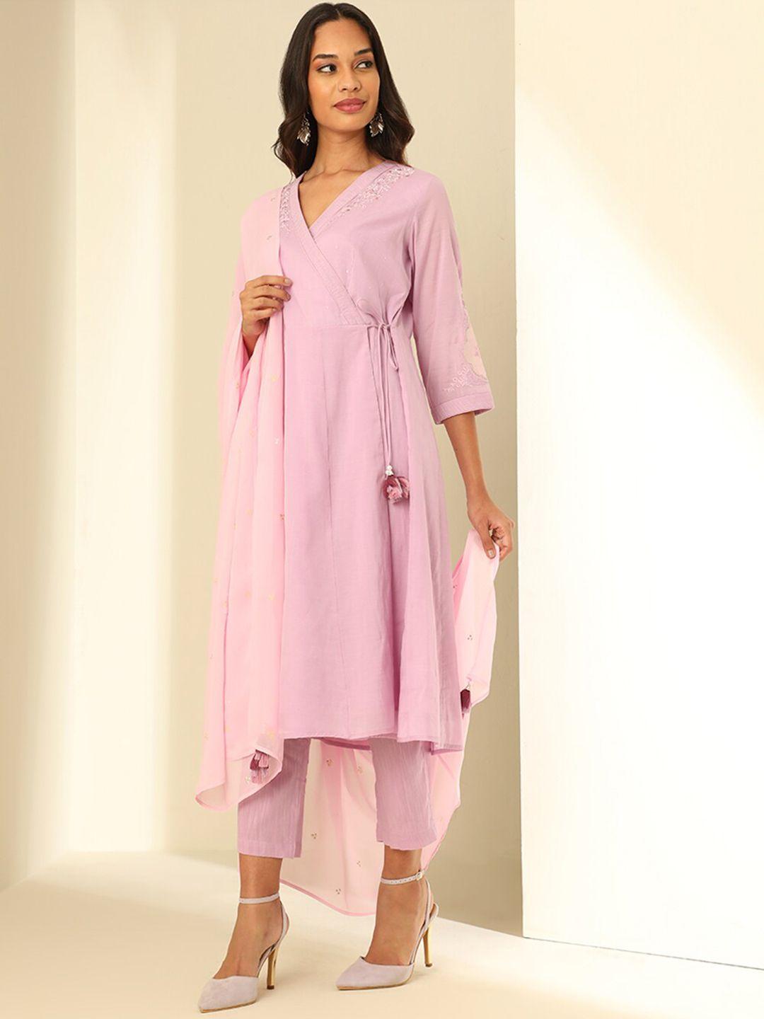 taneira floral embroidered thread work angrakha kurta with trousers & dupatta