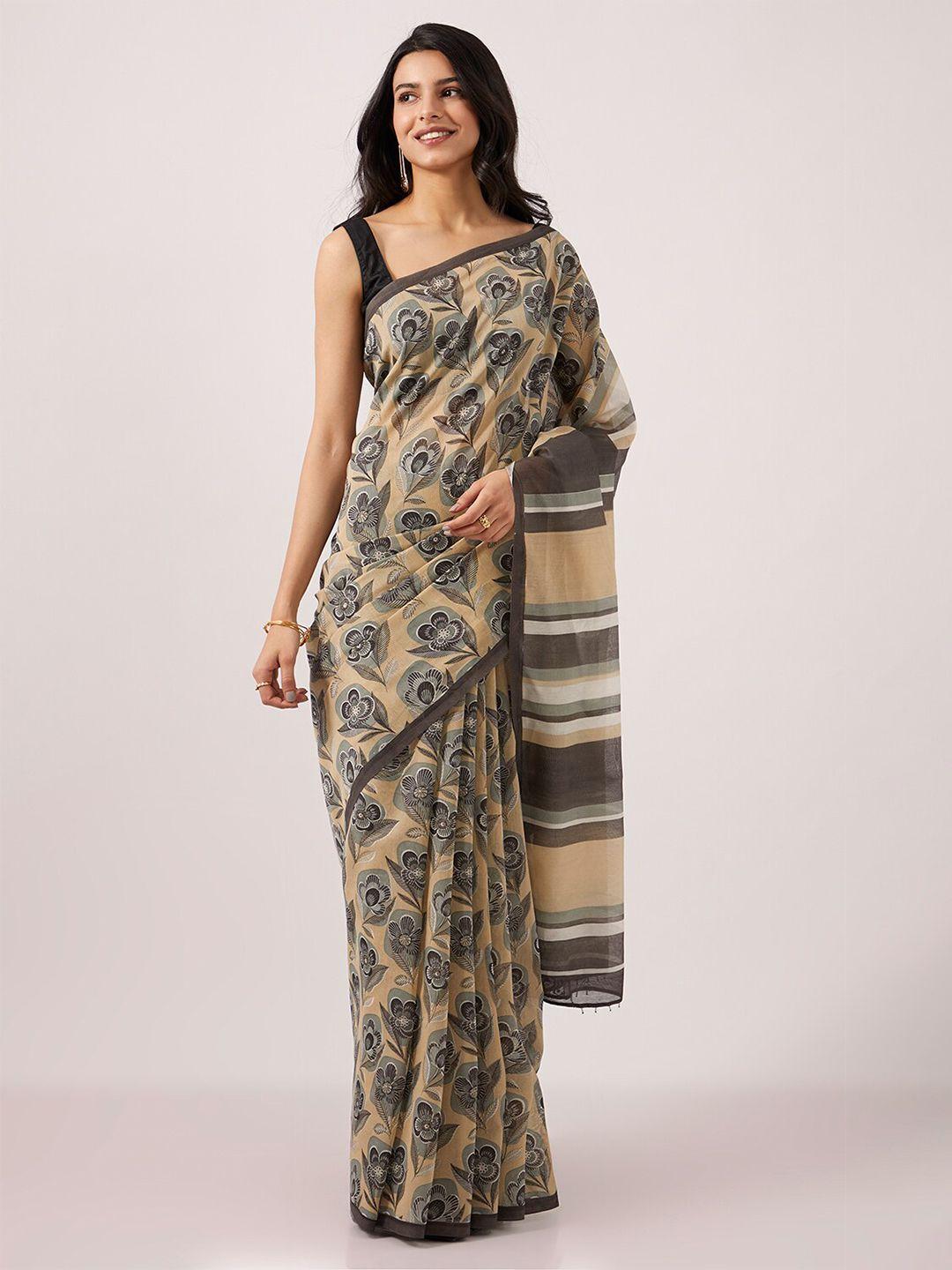 taneira floral printed silk cotton saree with blouse piece