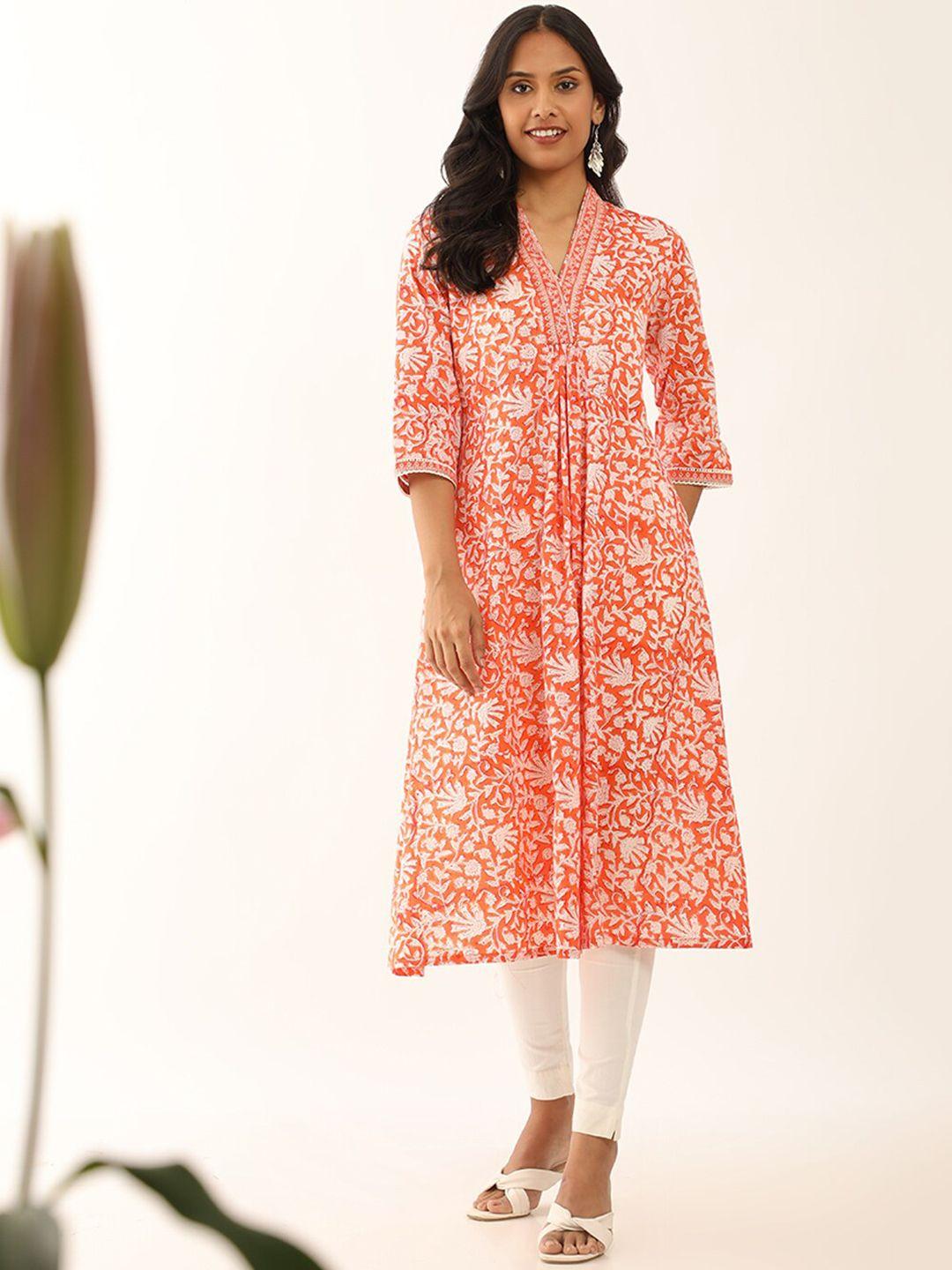 taneira floral printed v-neck pure cotton a-line kurta