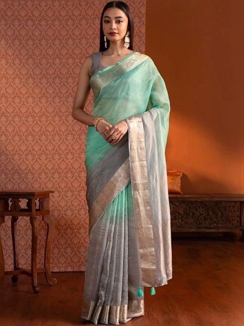 taneira green & grey woven saree with unstitched blouse