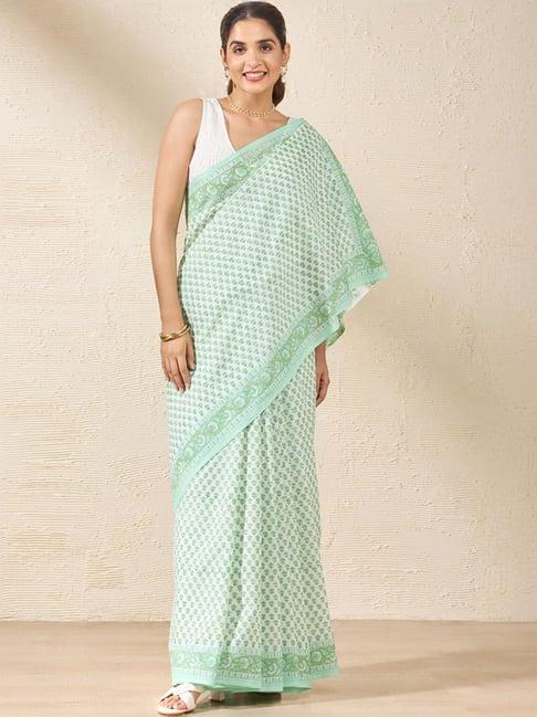 taneira green cotton printed saree with unstitched blouse