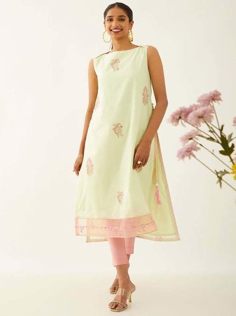 taneira green floral print straight kurta