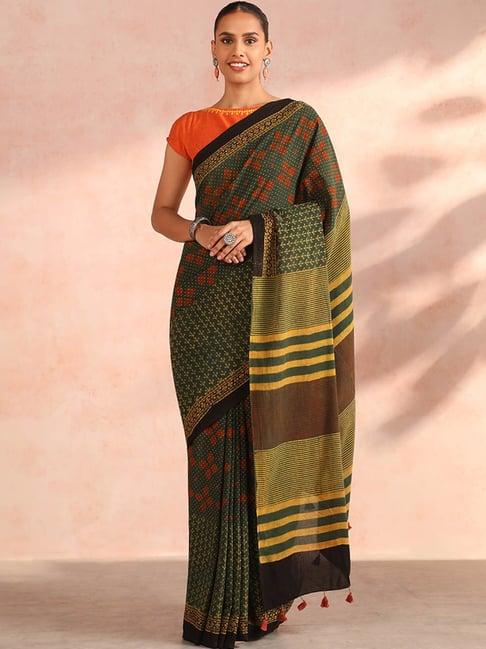 taneira green printed cotton saree with blouse