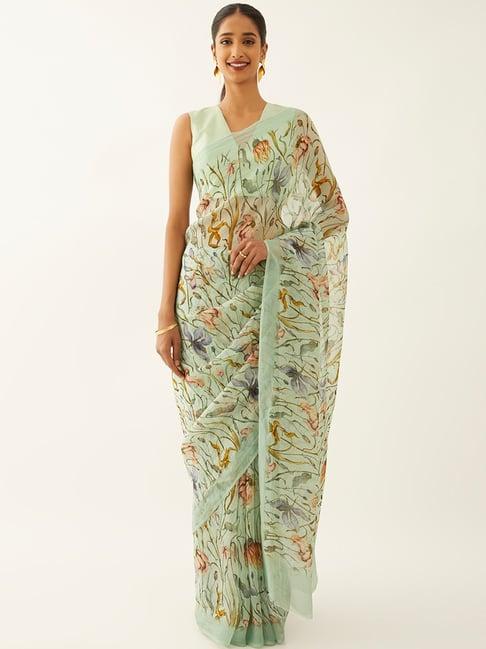 taneira green printed saree with unstitched blouse