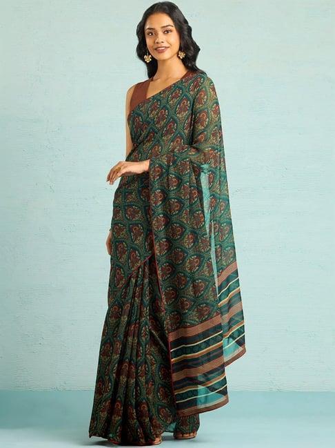 taneira green printed saree with unstitched blouse
