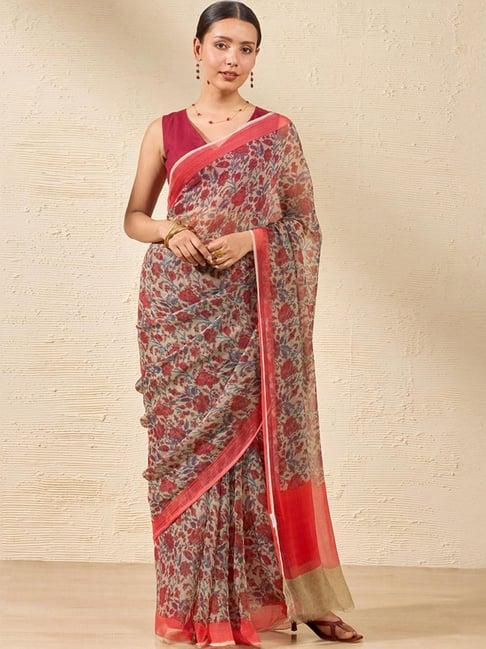 taneira grey & red printed saree with unstitched blouse