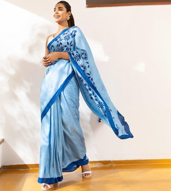 taneira light blue bengal pure silk hand painted saree