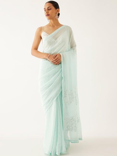 taneira light blue embellished saree with unstitched blouse