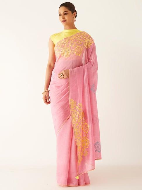 taneira light pink embroidered saree with unstitched blouse