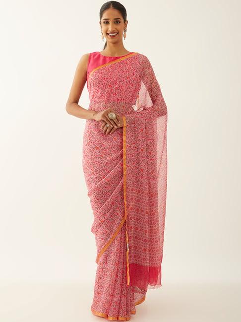 taneira light pink printed saree with unstitched blouse