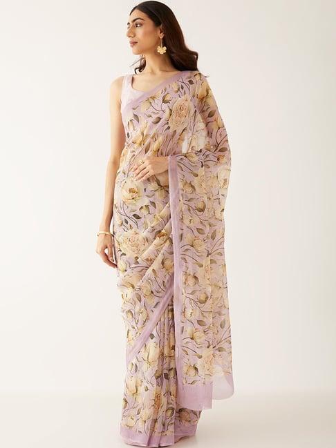 taneira light purple floral print saree with unstitched blouse