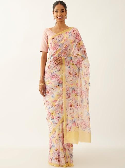 taneira light yellow floral print saree with unstitched blouse