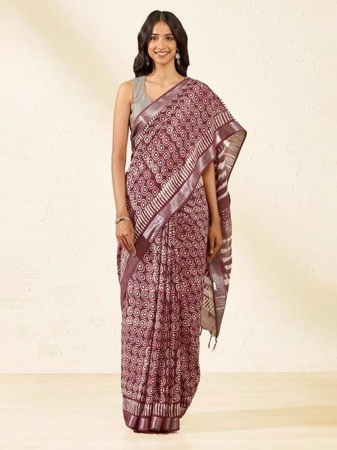 taneira maroon printed saree with unstiched blouse