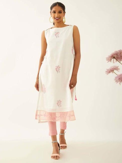 taneira off-white floral print straight kurta