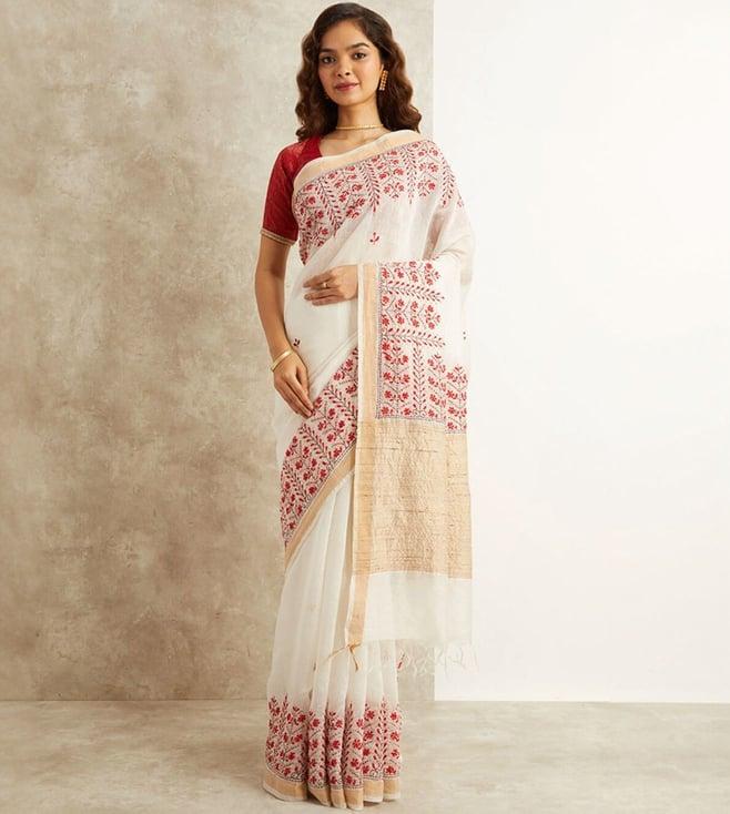 taneira off-white kantha embroidered pure silk linen bengal saree