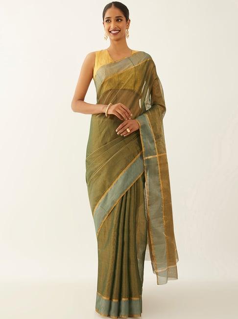 taneira olive woven chanderi saree with unstitched blouse