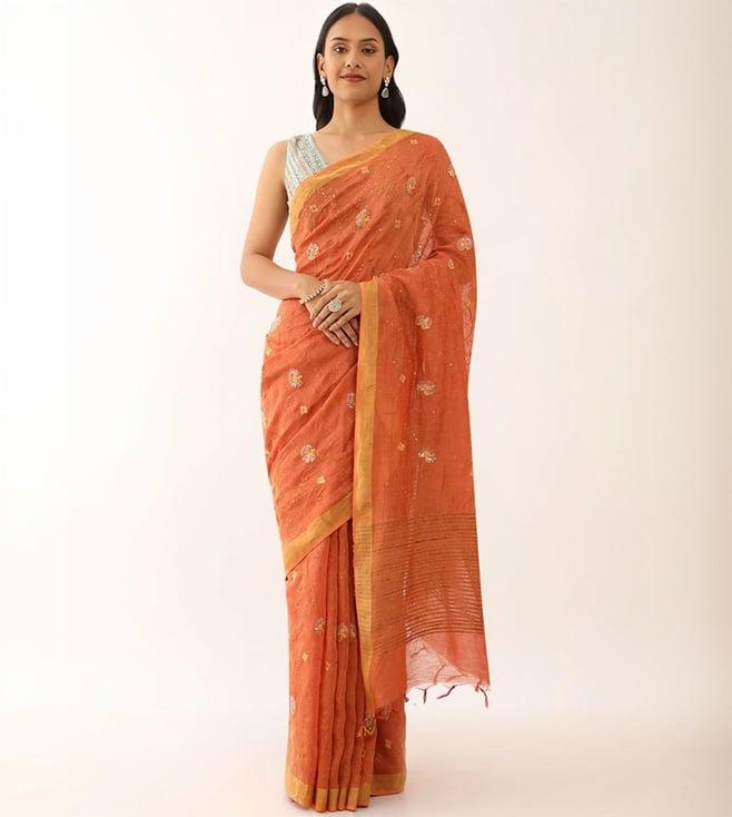 taneira orange bhagalpur pure silk linen embroidered saree