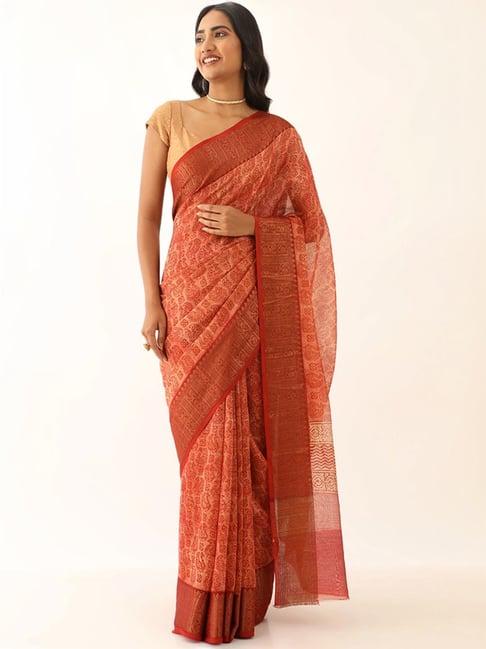 taneira peach & red printed saree with unstitched blouse
