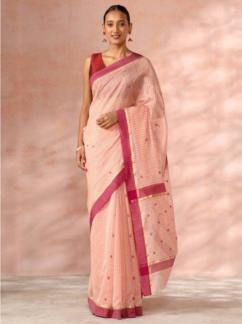 taneira peach cotton silk chequered saree with unstitched blouse