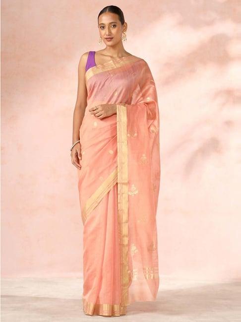 taneira peach cotton silk woven saree with unstitched blouse