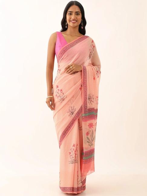 taneira peach floral print saree with unstitched blouse