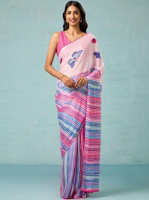 taneira pink & blue striped saree with unstitched blouse