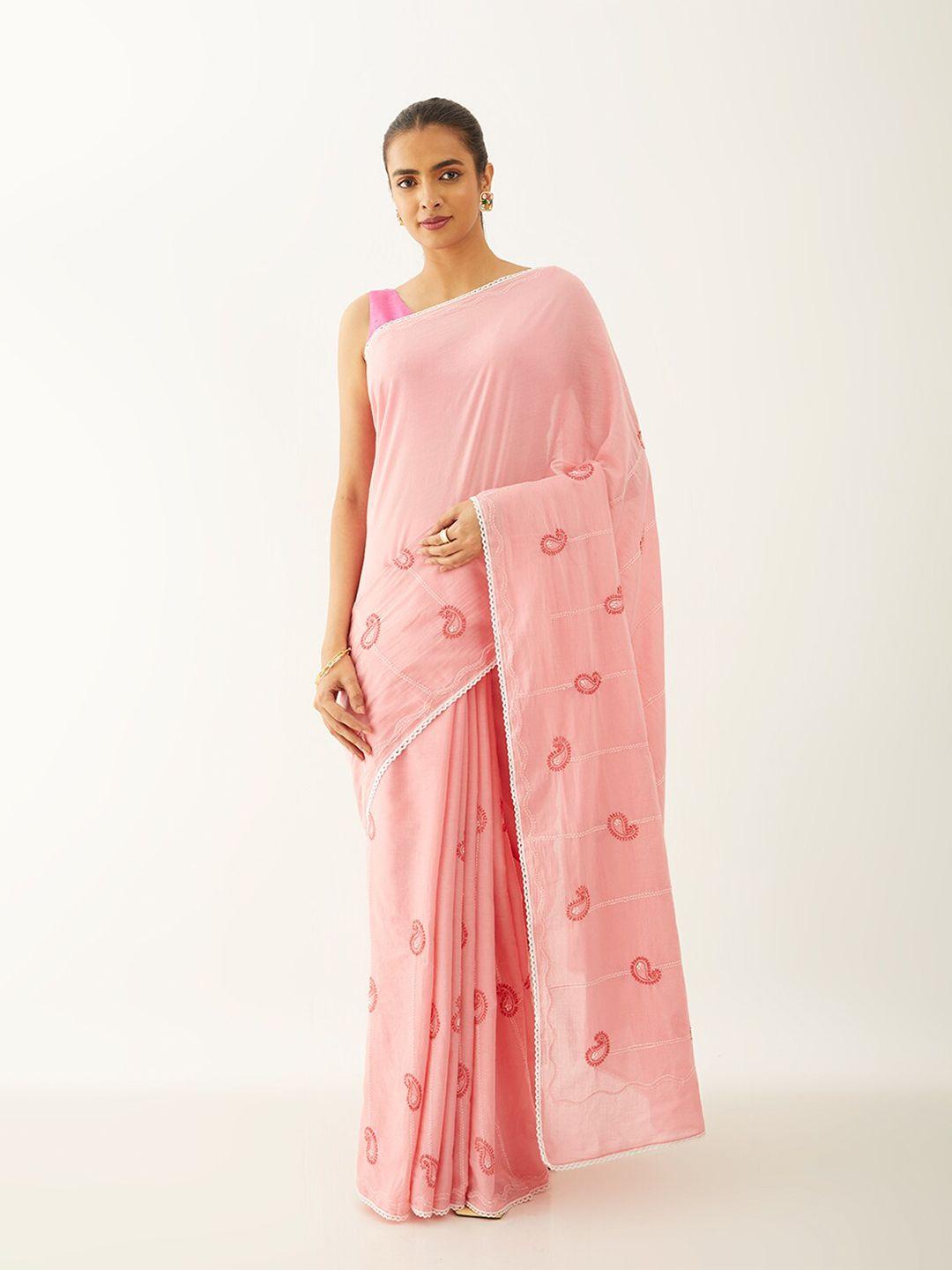 taneira pink & white ethnic motifs chikankari pure cotton saree