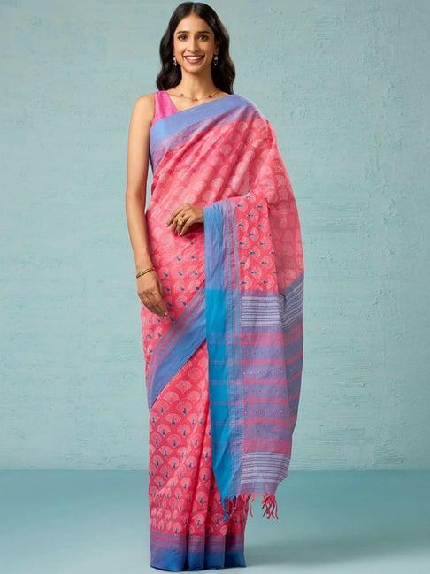 taneira pink cotton printed saree with unstitched blouse