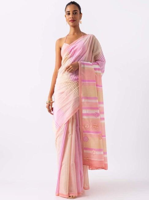 taneira pink cotton silk printed saree with unstitched blouse