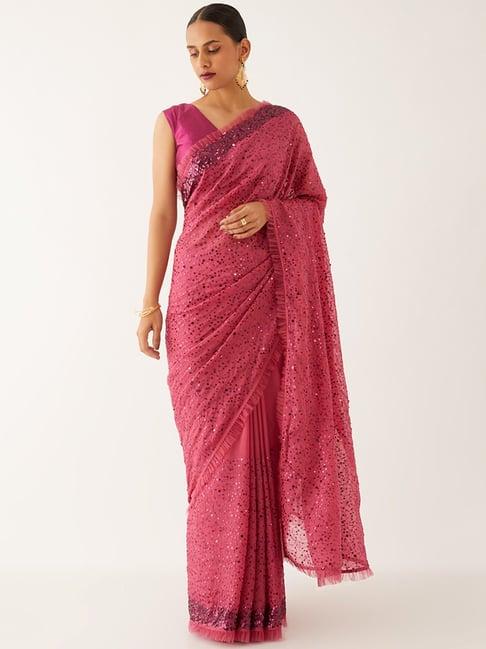 taneira pink embellished saree with unstitched blouse