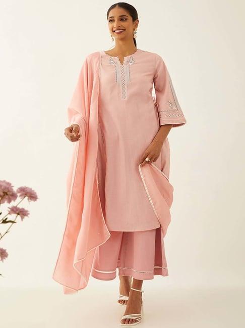 taneira pink embroidered kurta palazzo set with dupatta