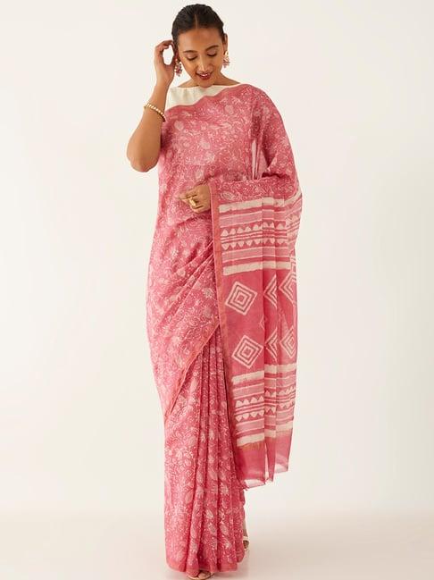 taneira pink printed saree with unstitched blouse