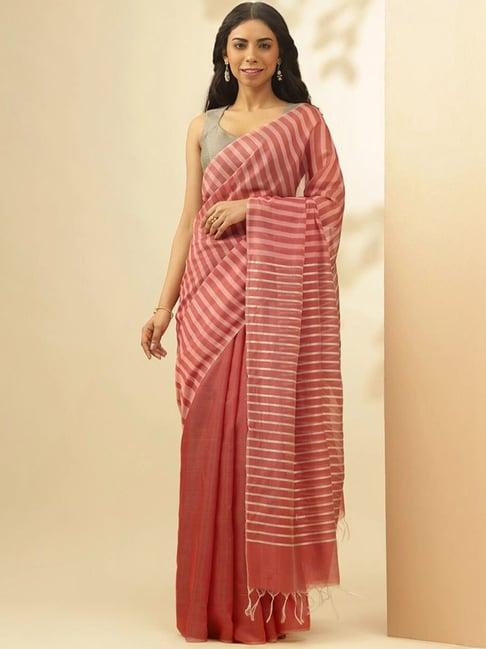 taneira pink striped saree with unstitched blouse