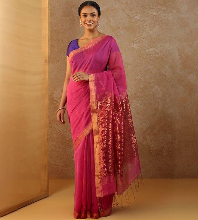 taneira pink woven pure silk cotton bengal saree