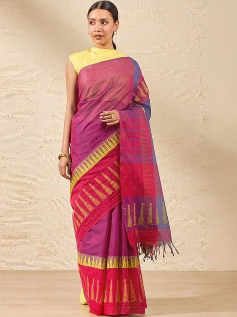 taneira purple cotton printed saree with unstitched blouse